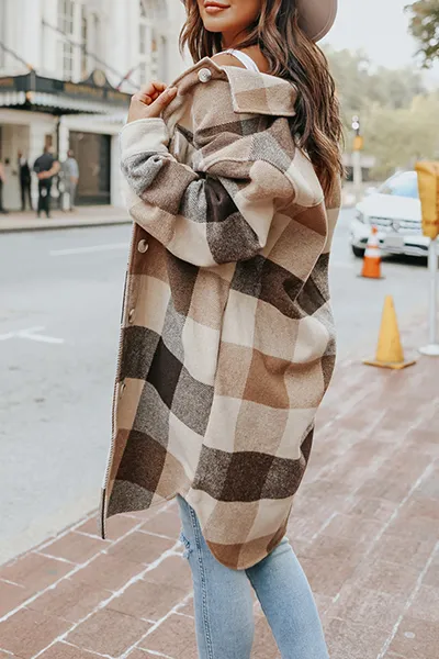 Casual Plaid Pocket Buckle Turndown Collar Outerwear