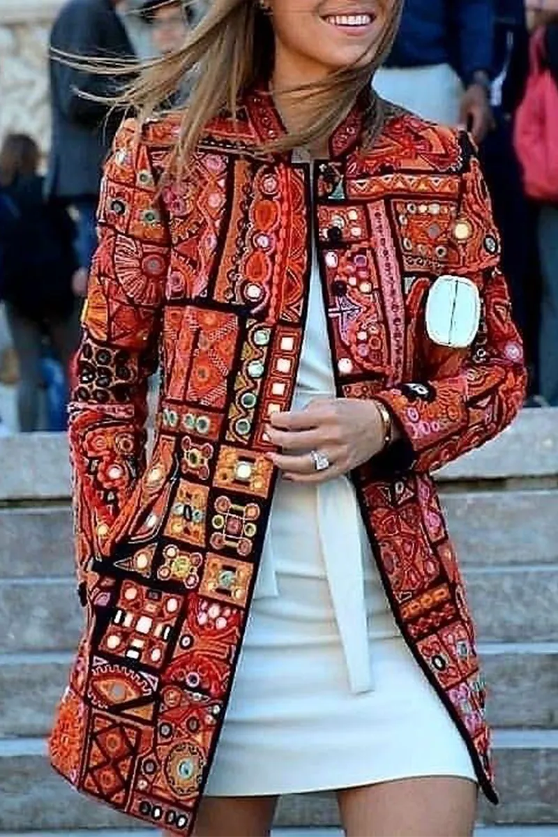 Casual Print Patchwork Cardigan Collar Outerwear