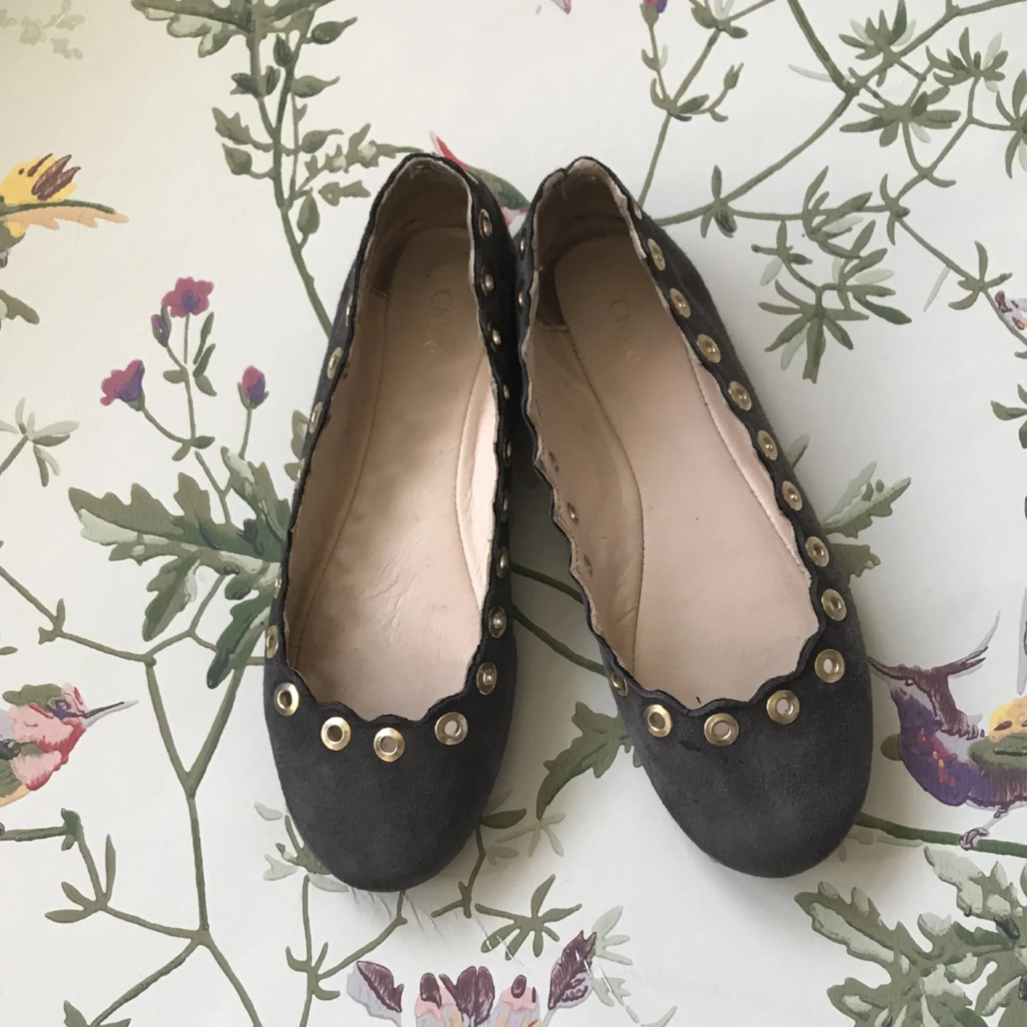 Chloé Grey Suede Ballet Pumps With Rivets: Size EU 31