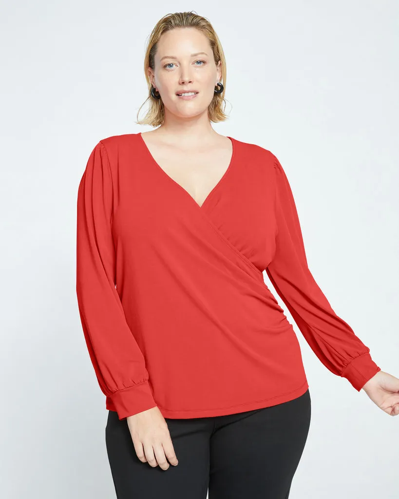 Crepe Jersey Gathered V-Neck Blouse - Vermilion Red