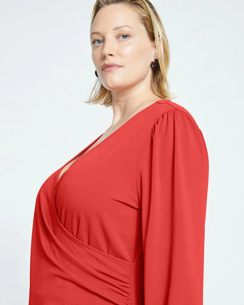 Crepe Jersey Gathered V-Neck Blouse - Vermilion Red