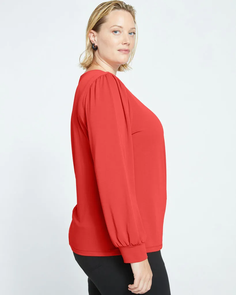 Crepe Jersey Gathered V-Neck Blouse - Vermilion Red