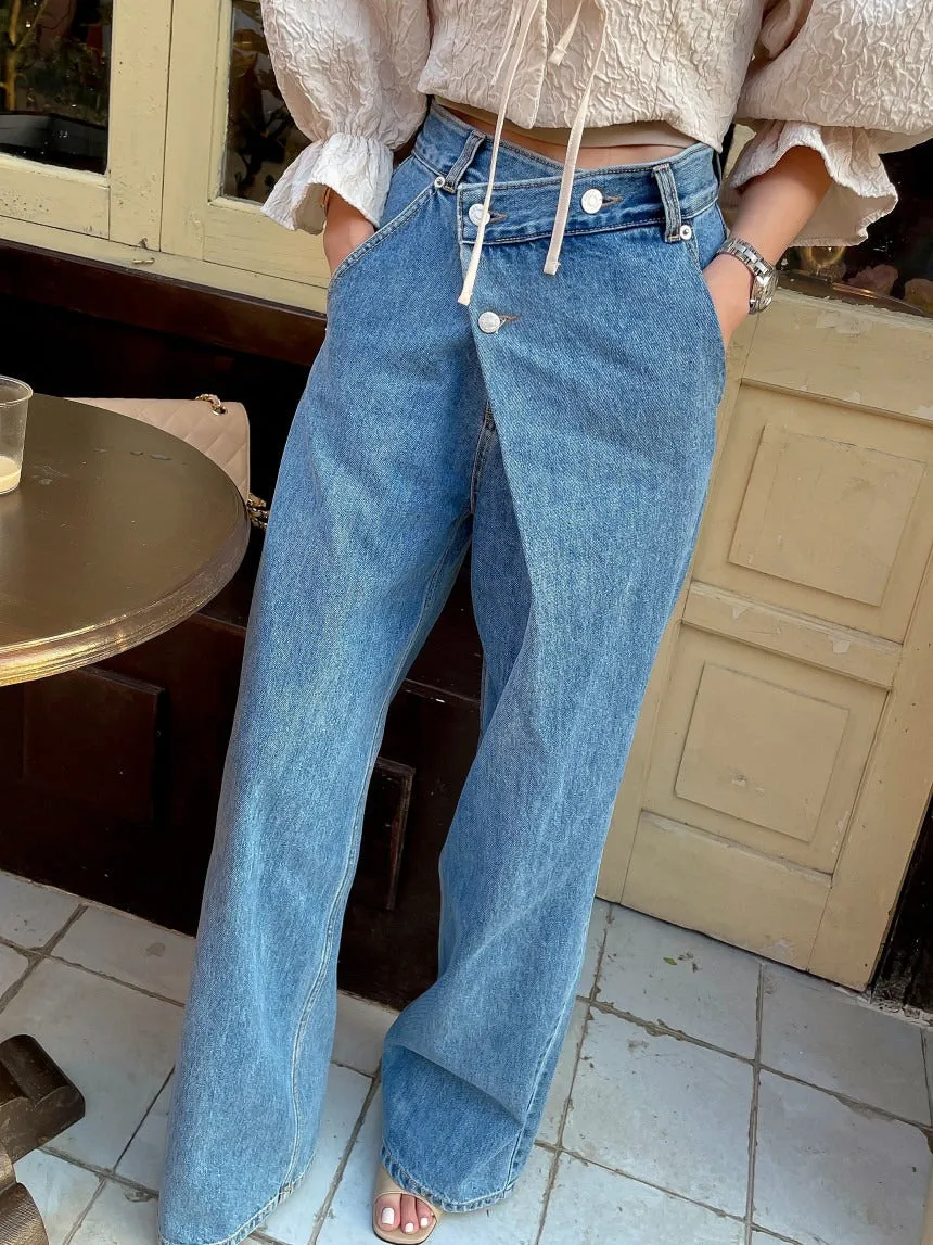 Diagonal Buckle Denim Pants, Loose Fit Jeans