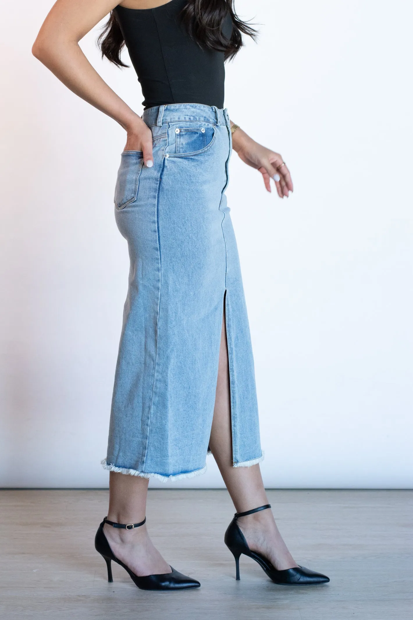 Ease My Mind Denim Midi Skirt