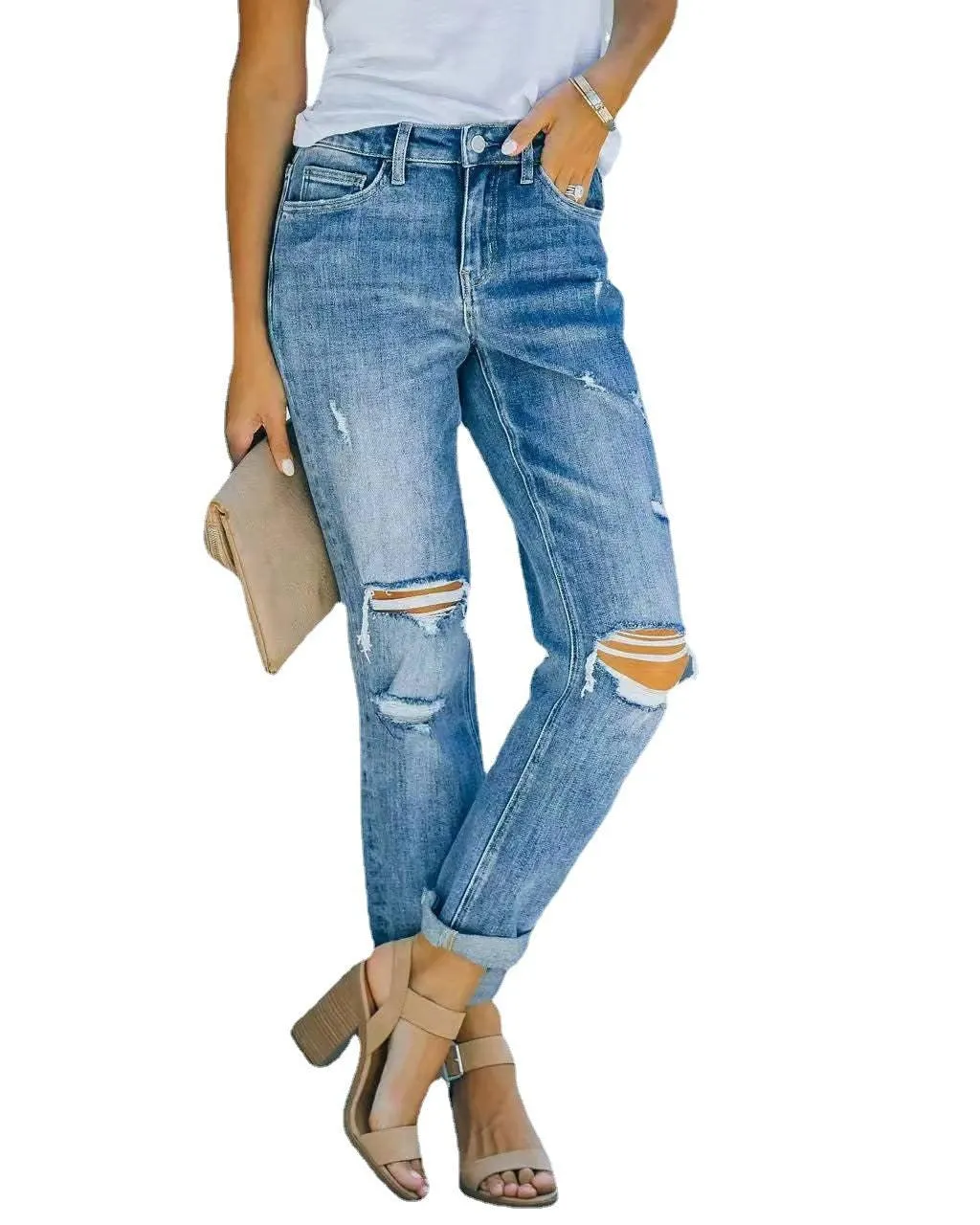 Europe American Denim Ripped Jeans Pants Blue