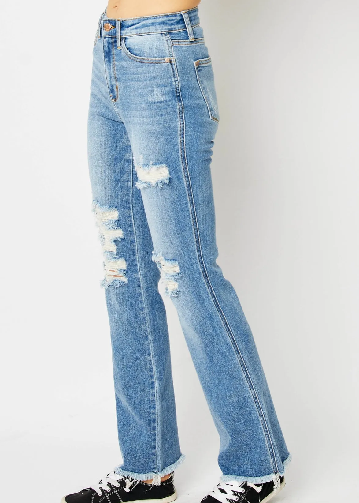 FINAL SALE - Judy Blue High Waist Destructed Frayed Hem Bootcut Jeans