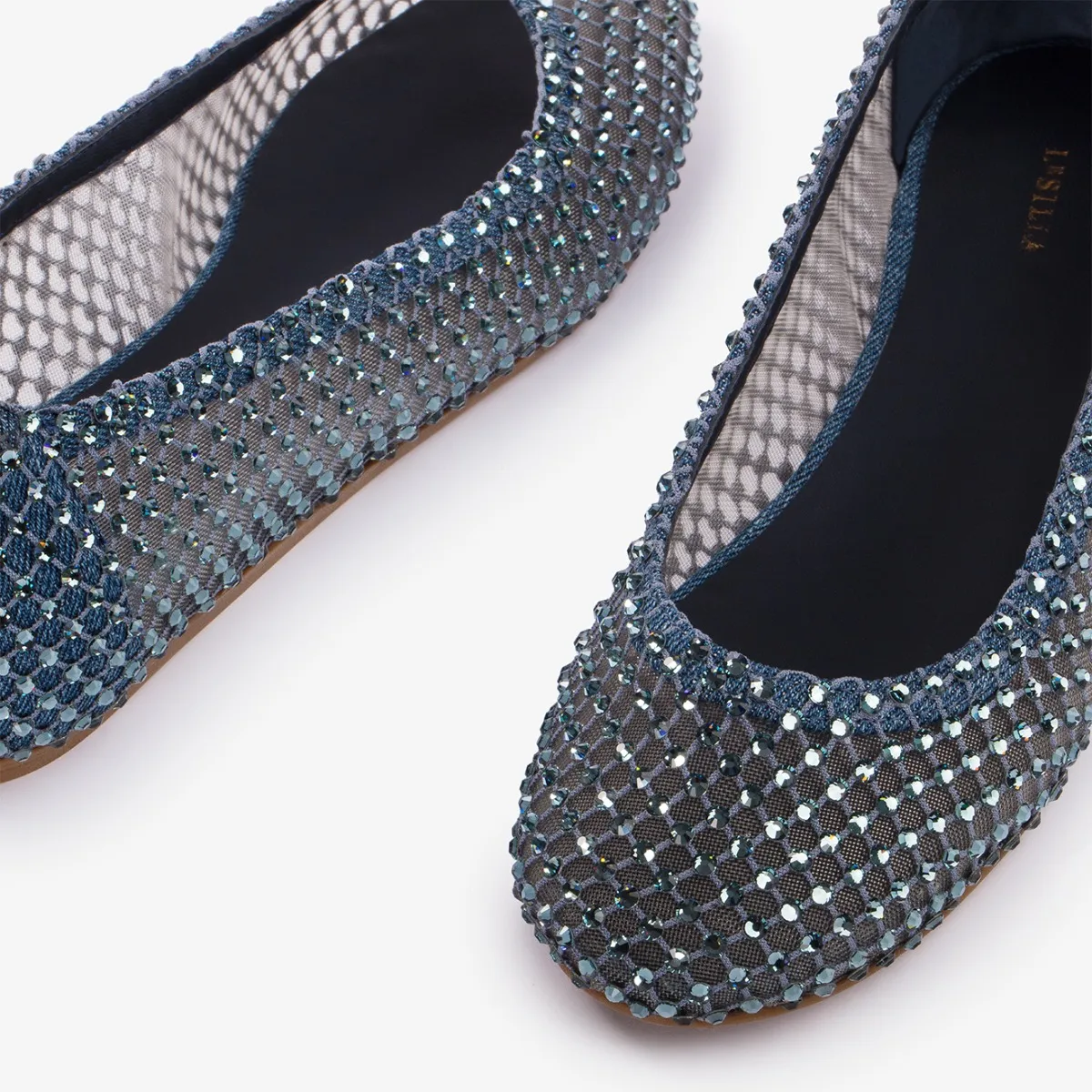 GILDA BALLET FLAT Blue denim fishnet ballet flat with Crystals