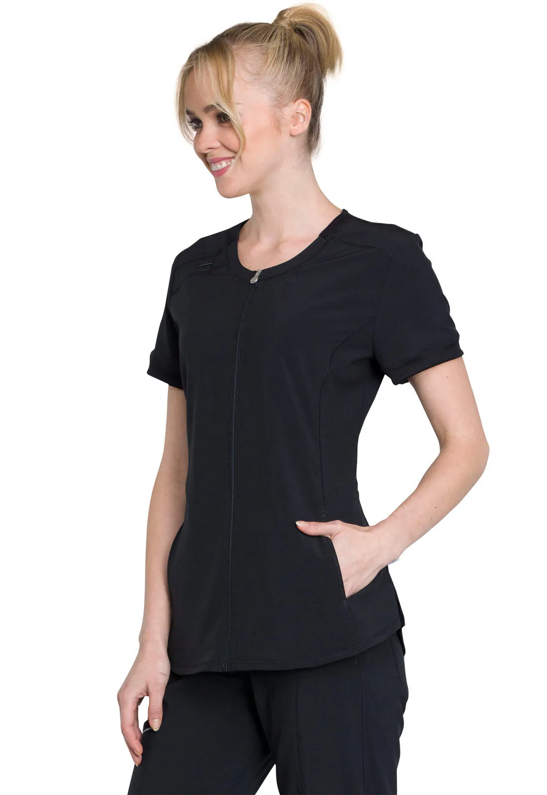 Infinity Zip Front V-Neck Top in Black