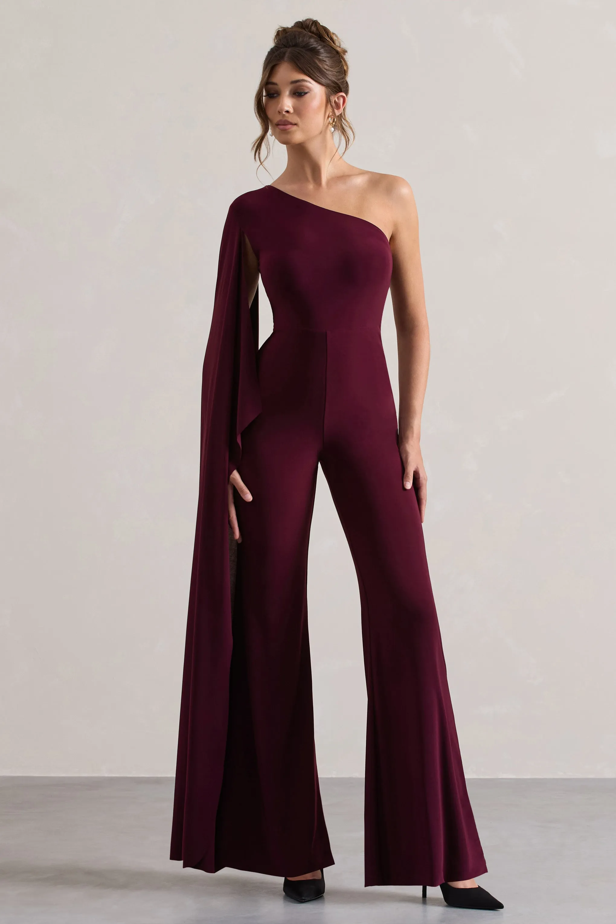 Julie | Plum Asymmetric Flared-Leg Jumpsuit With Cape Sleeve