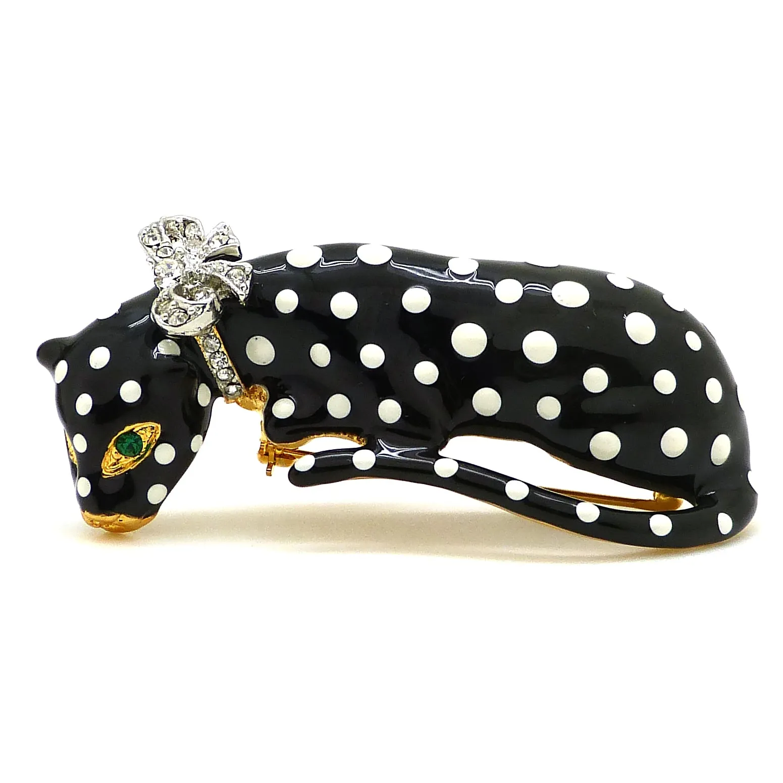 Kenneth Jay Lane KJL RARE Spotted Enamel Leopard Pin Black White Rhinestone Bow Emerald Eyes