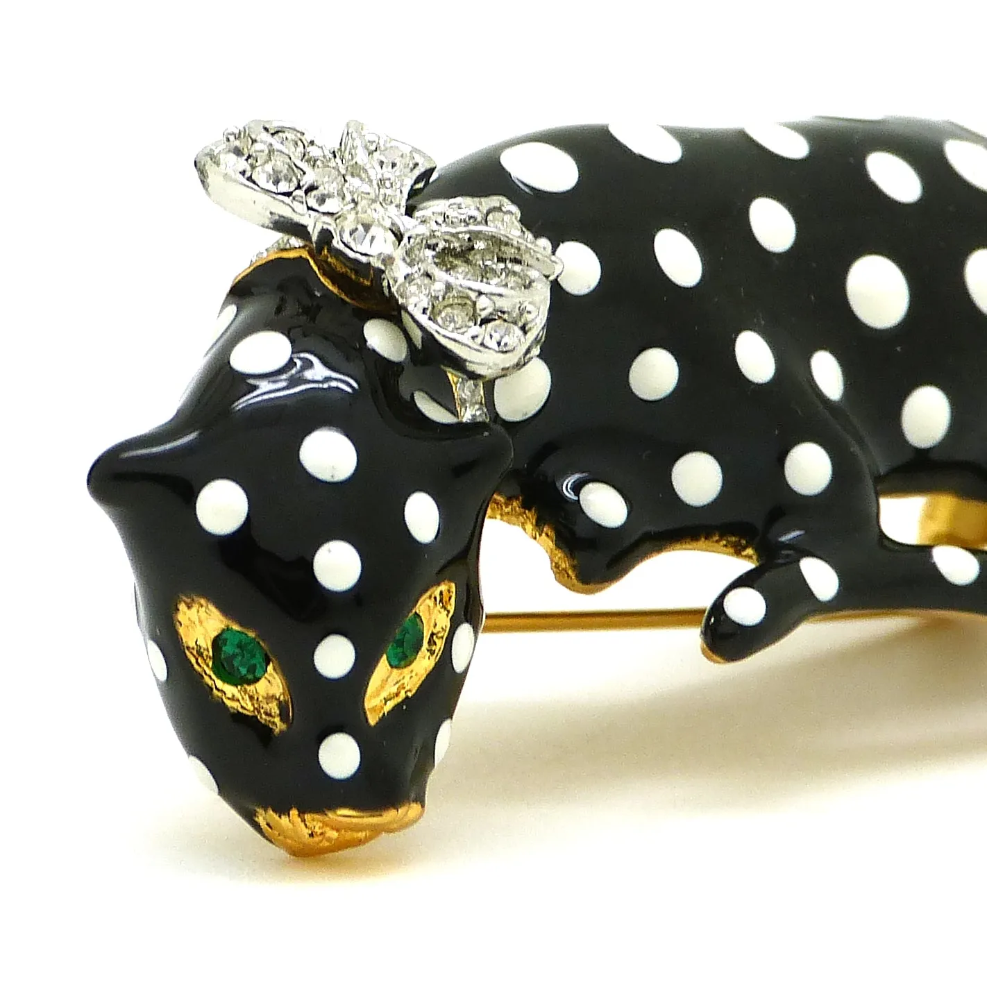 Kenneth Jay Lane KJL RARE Spotted Enamel Leopard Pin Black White Rhinestone Bow Emerald Eyes