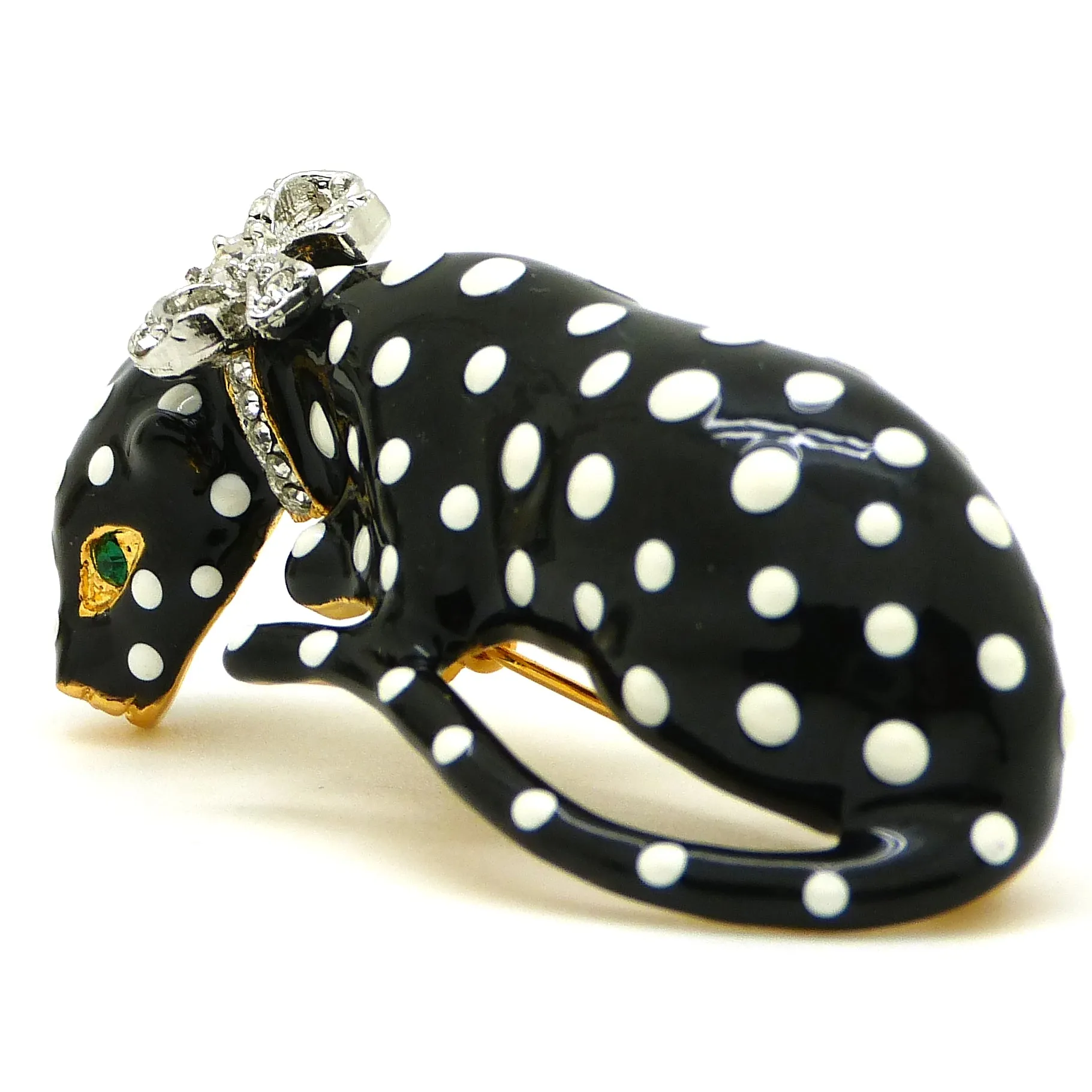 Kenneth Jay Lane KJL RARE Spotted Enamel Leopard Pin Black White Rhinestone Bow Emerald Eyes