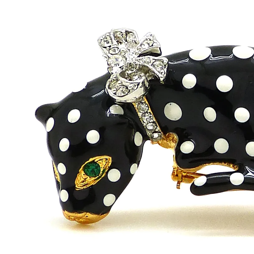 Kenneth Jay Lane KJL RARE Spotted Enamel Leopard Pin Black White Rhinestone Bow Emerald Eyes