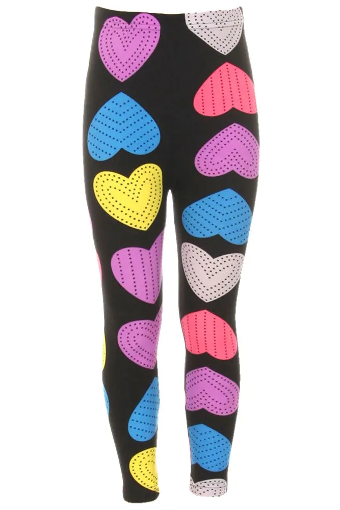 Kid's Pink Yellow Blue Big Hearts Pattern Printed Leggings