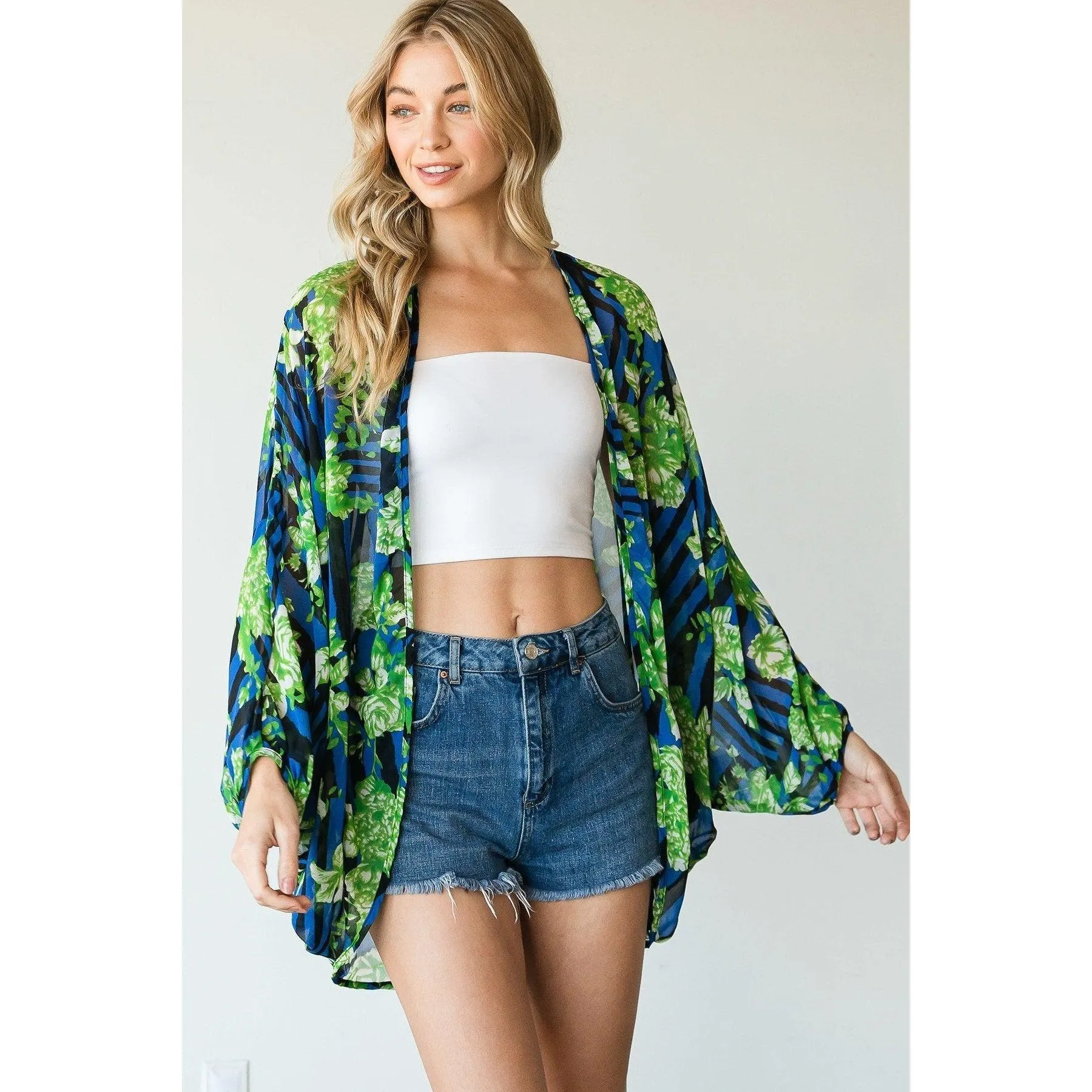 Lightweight Kimono with Stripes and Floral Print