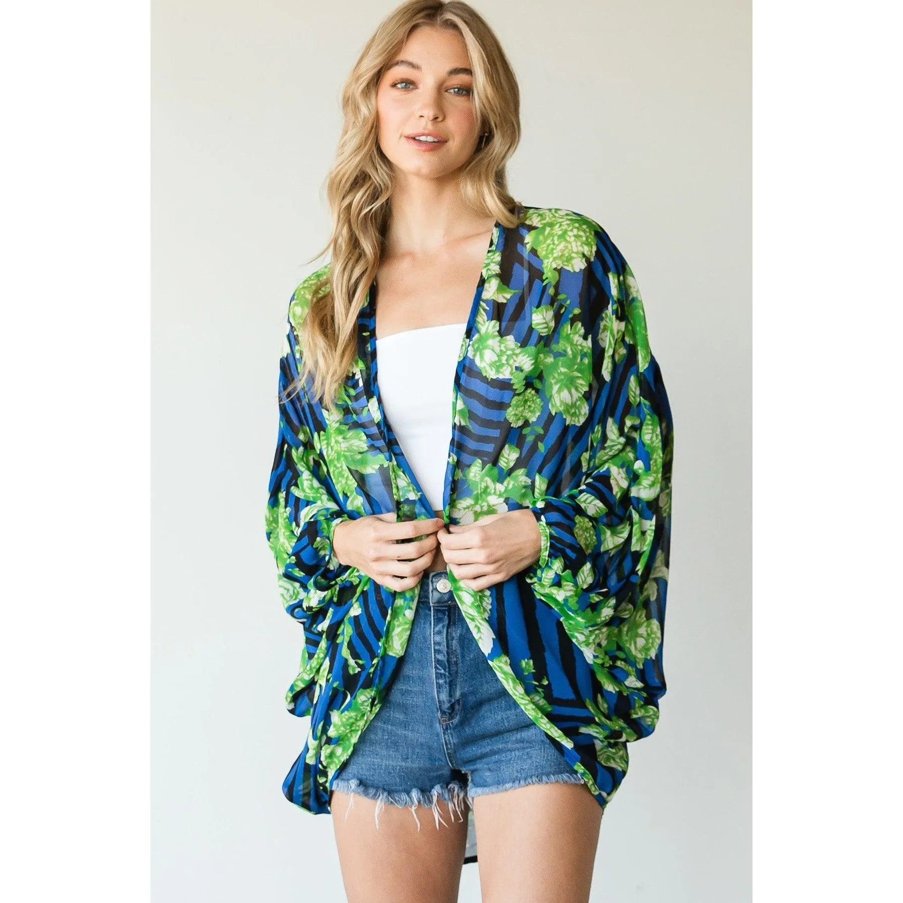 Lightweight Kimono with Stripes and Floral Print