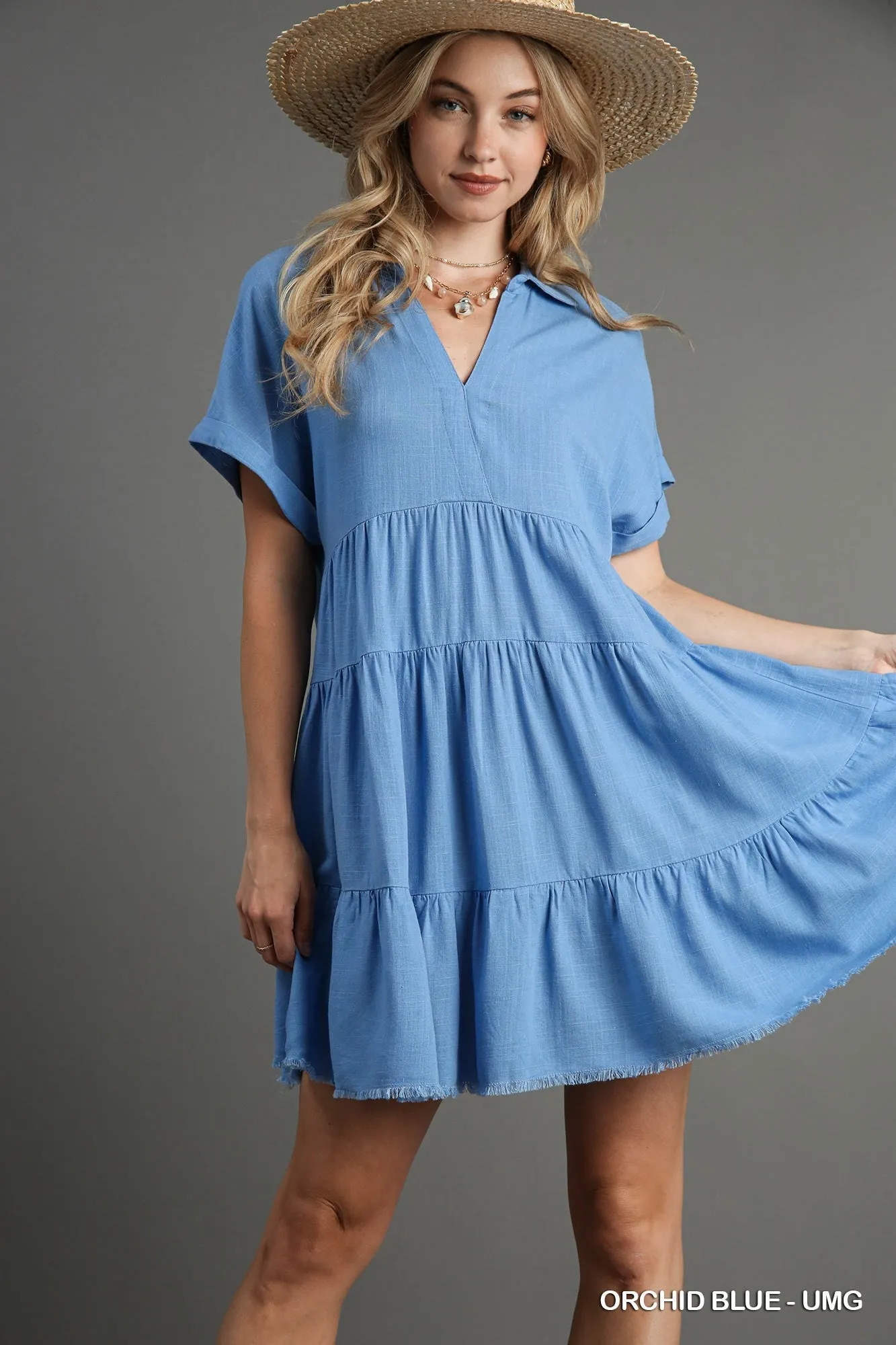 Linen Tiered Dress with Frayed Hem - Orchid Blue