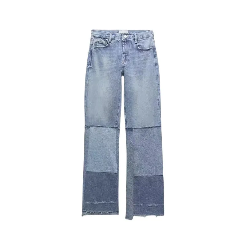 Low rise asymmetrical patchwork denim jeans