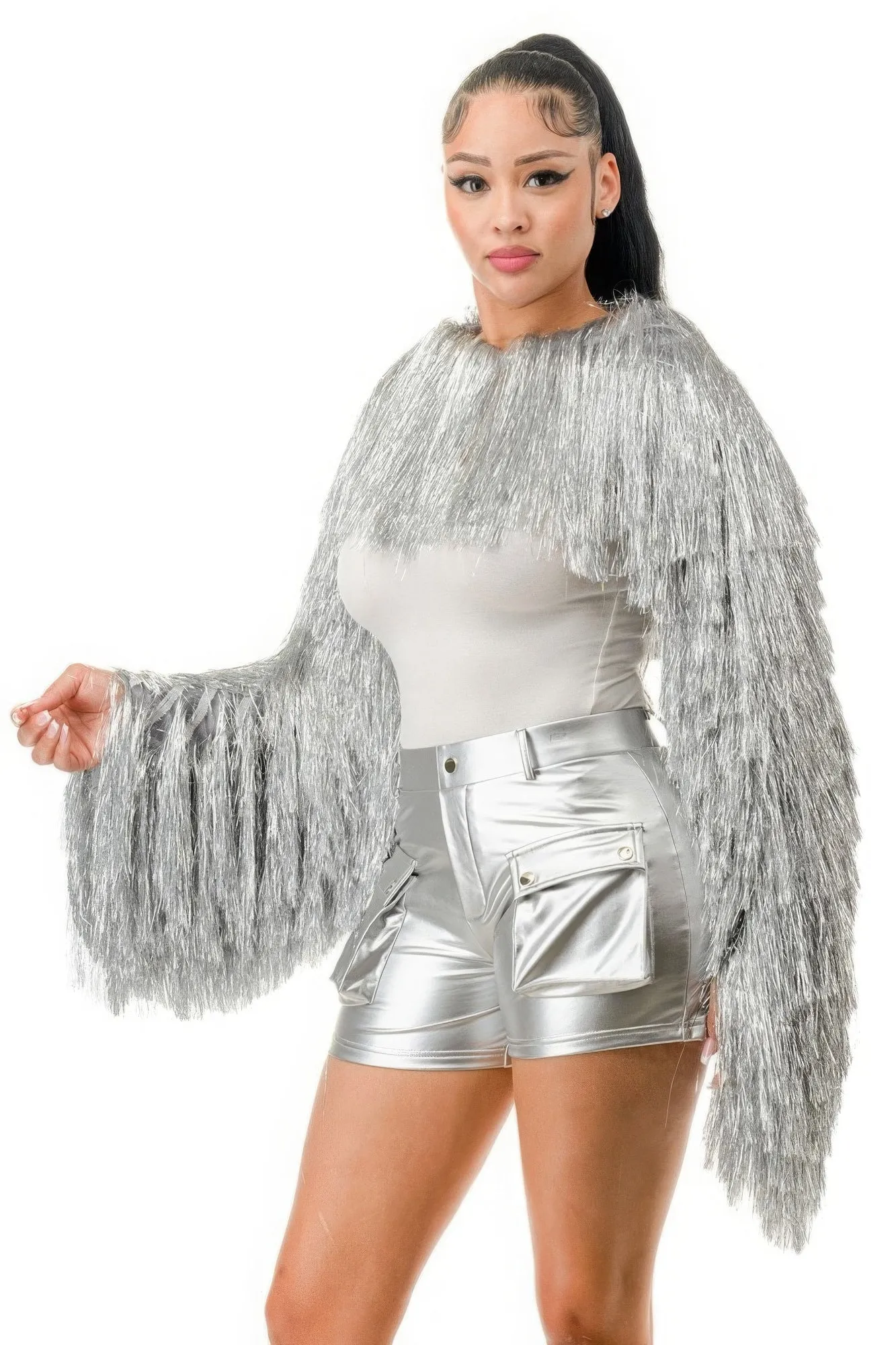 Metallic Tinsel Bolero - Affordable Shiny Jacket for Trendy Looks