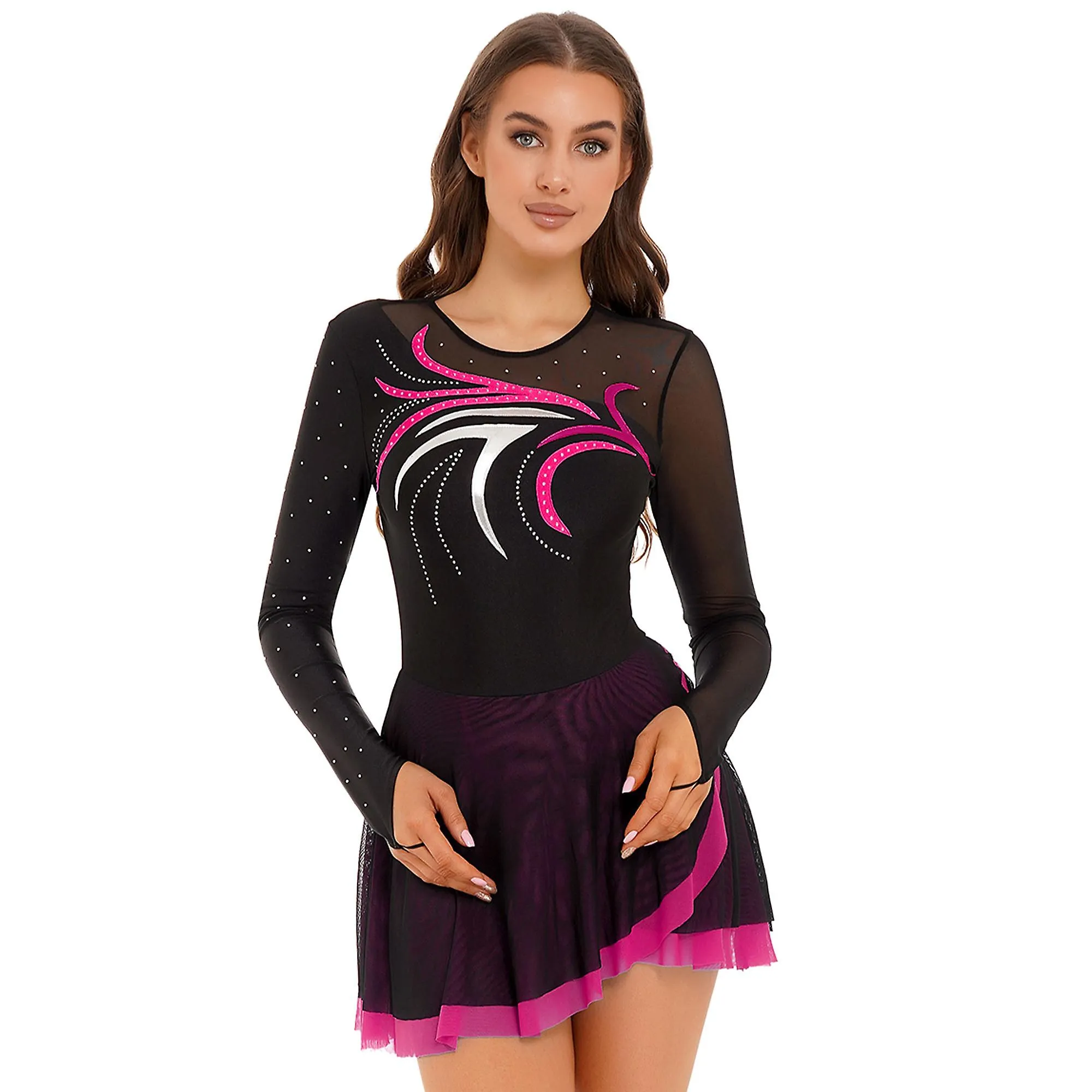 Otwoo Ballet Femenino Danza Lírica Disfraces Glitter Rhinestone Vestido Transparente Manga Larga Artístico Skating Vestidos Danc