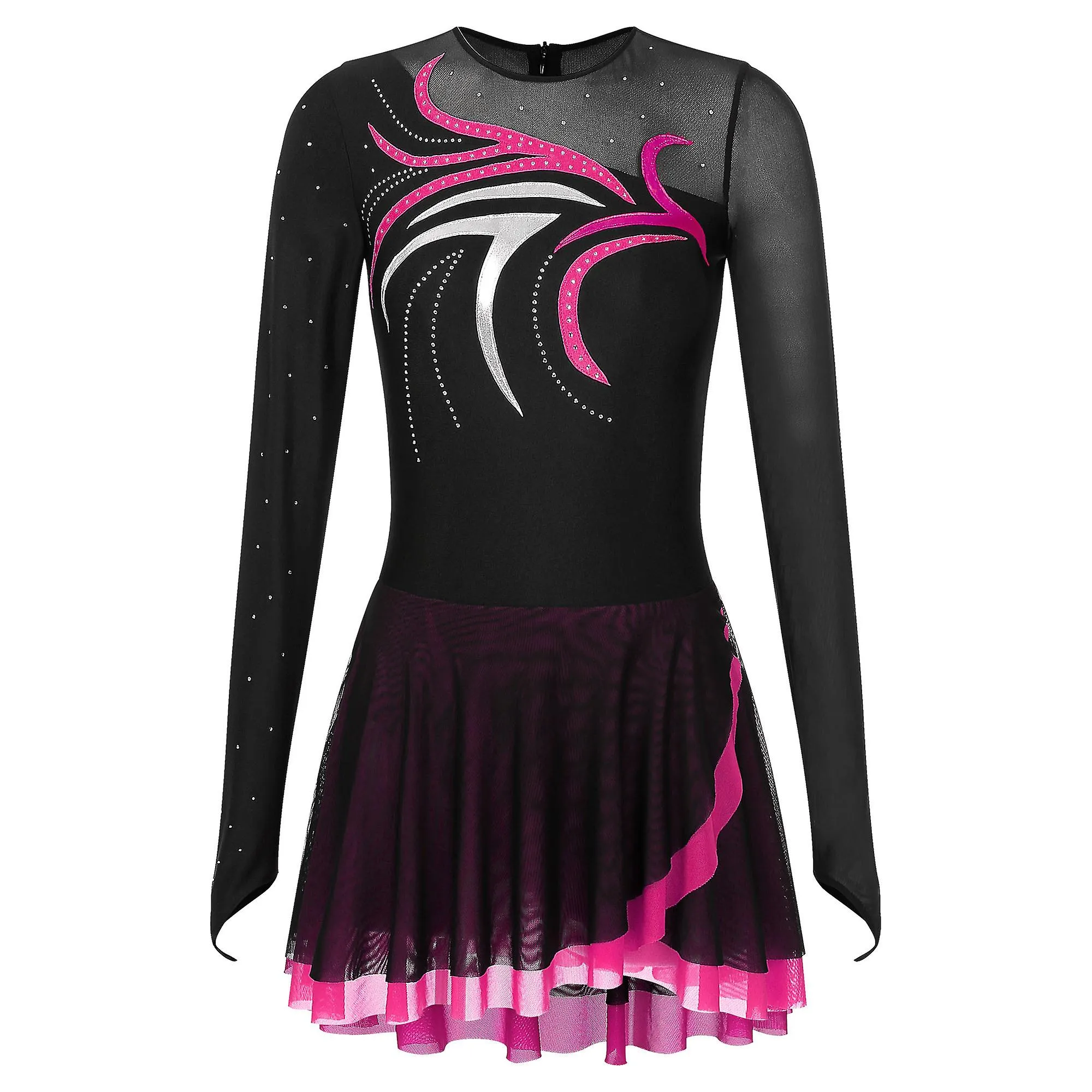 Otwoo Ballet Femenino Danza Lírica Disfraces Glitter Rhinestone Vestido Transparente Manga Larga Artístico Skating Vestidos Danc