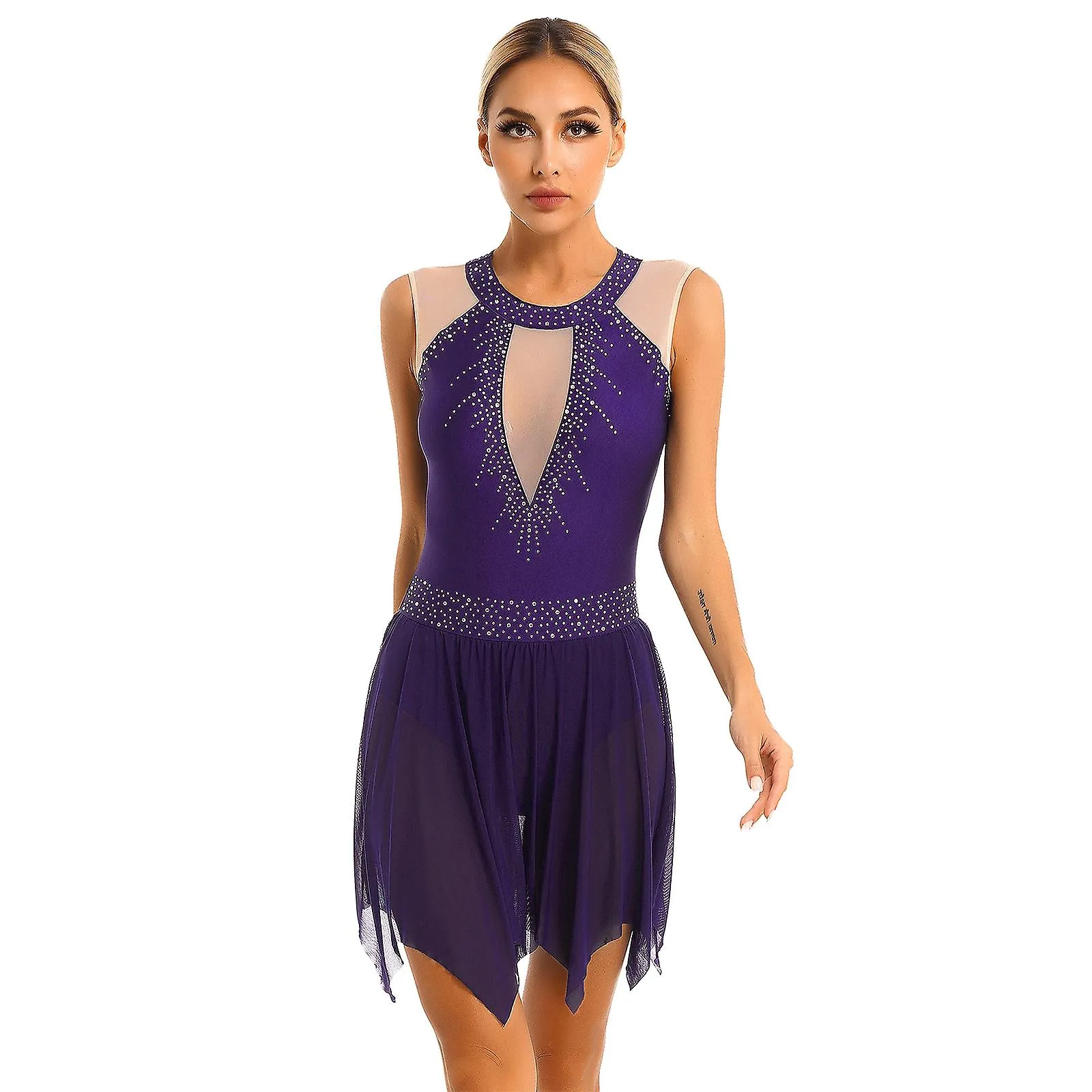 Otwoo Ballet Femenino Danza Lírica Disfraces Glitter Rhinestone Vestido Transparente Manga Larga Figura Skating Vestidos Dancewe