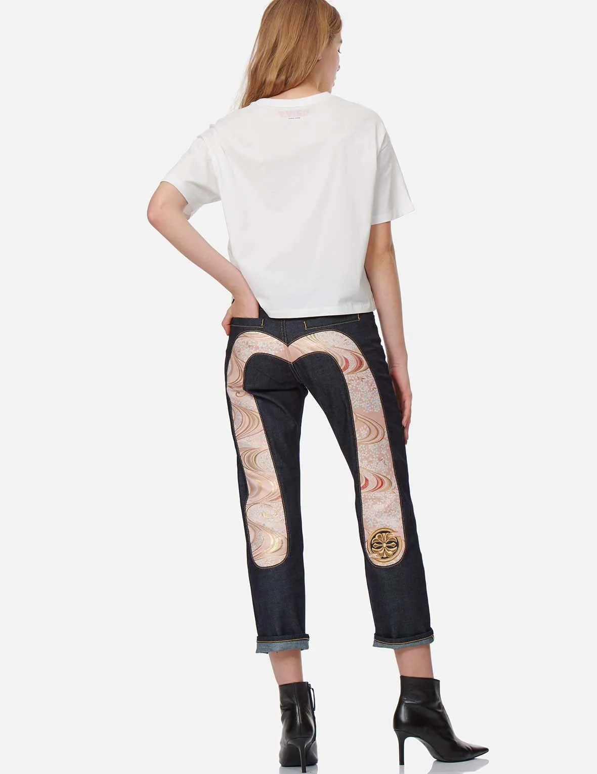 Sakura-pattern Brocade Daicock Insert Boyfriend Jeans