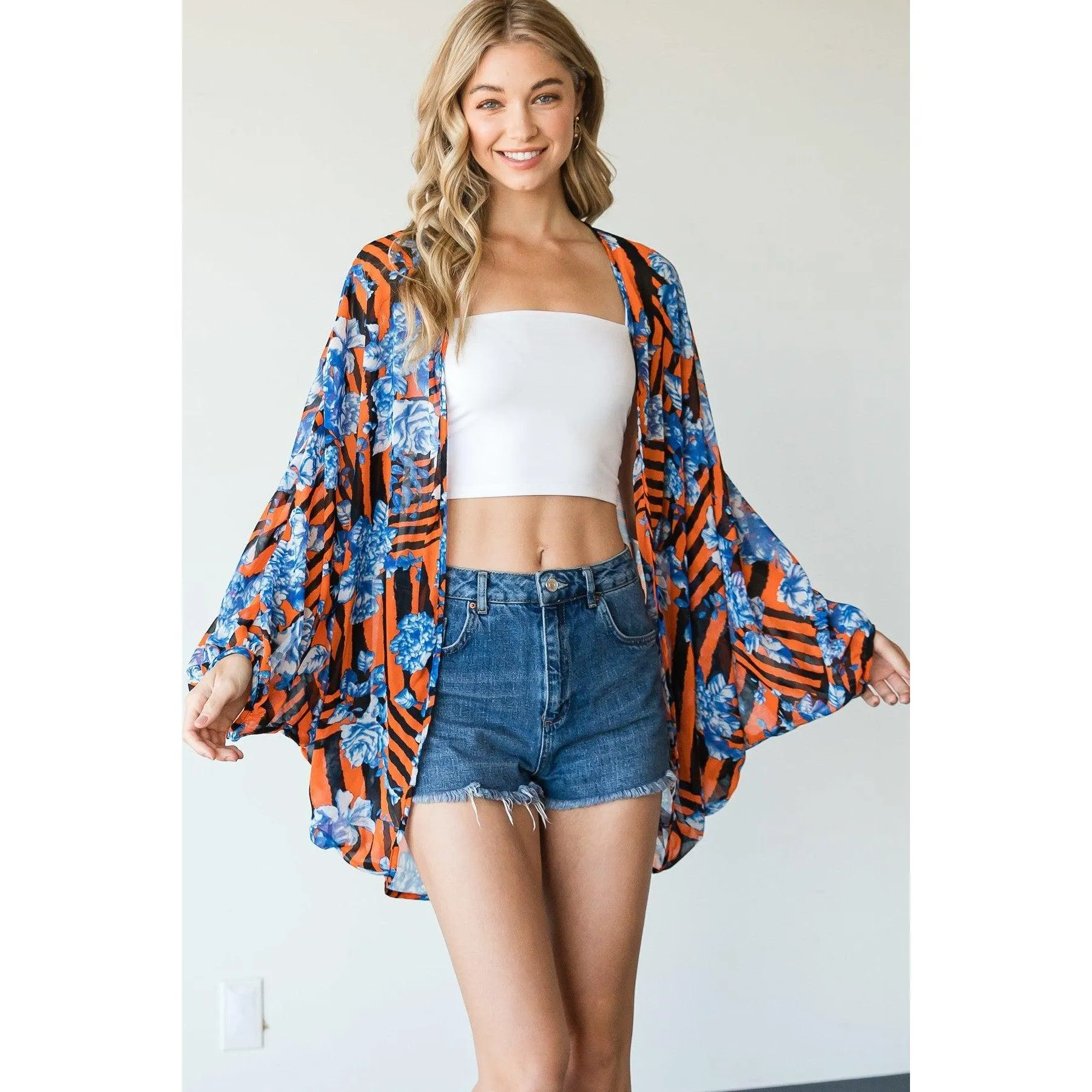 Striped and Floral Print Kimono, Lightweight Kimono