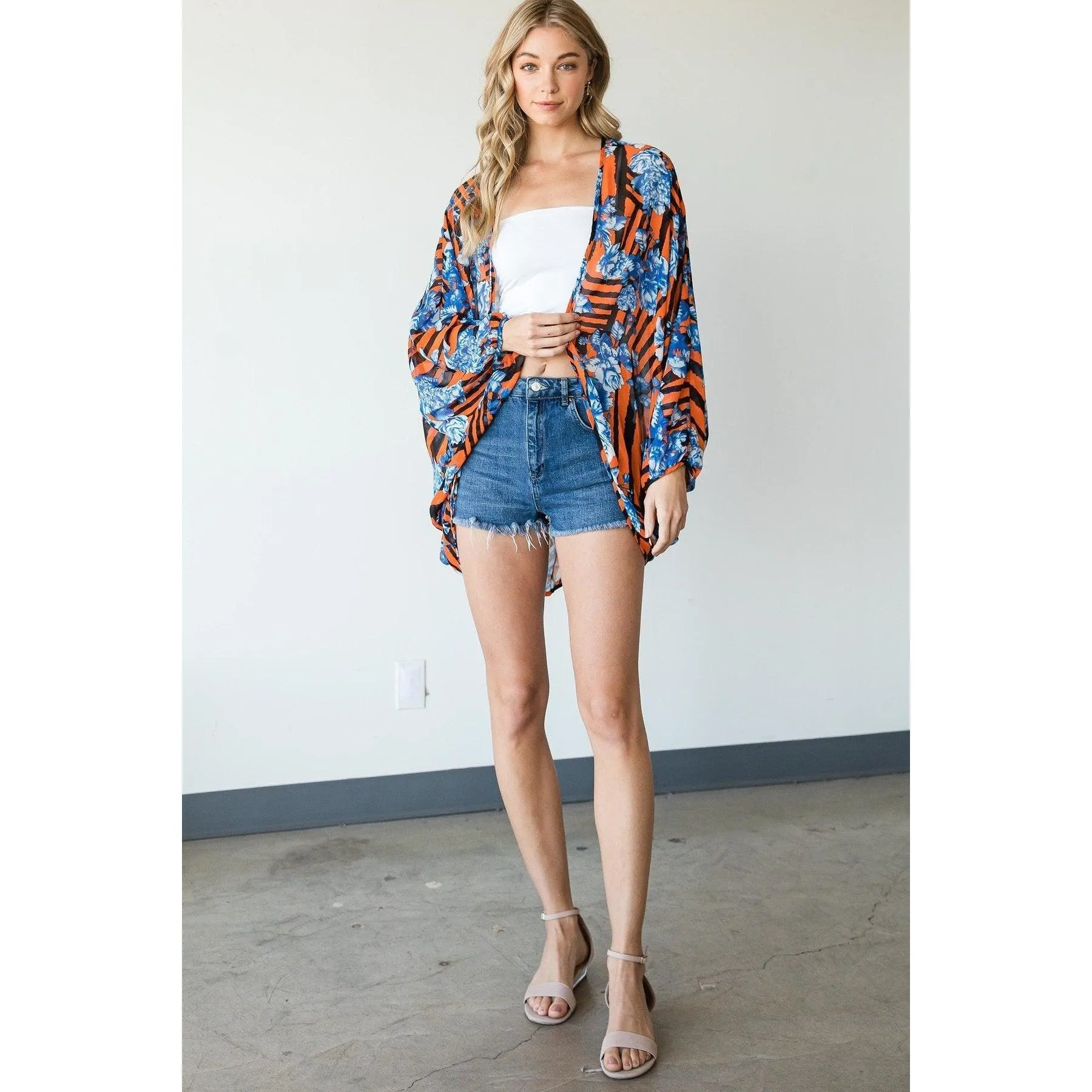 Striped and Floral Print Kimono, Lightweight Kimono