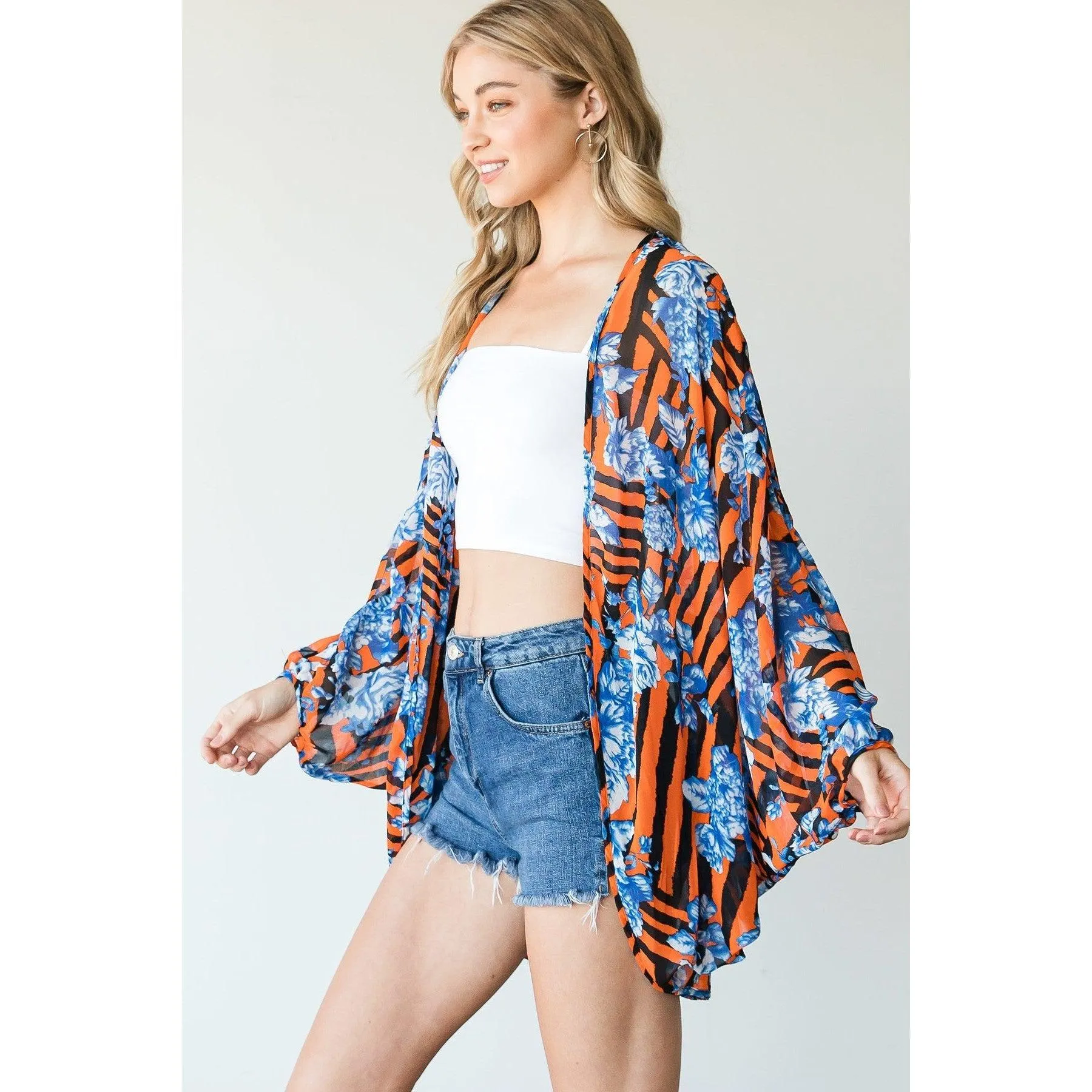 Striped and Floral Print Kimono, Lightweight Kimono