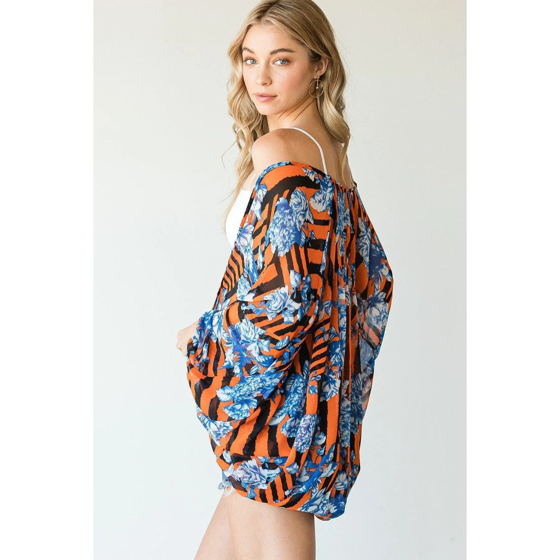 Striped and Floral Print Kimono, Lightweight Kimono