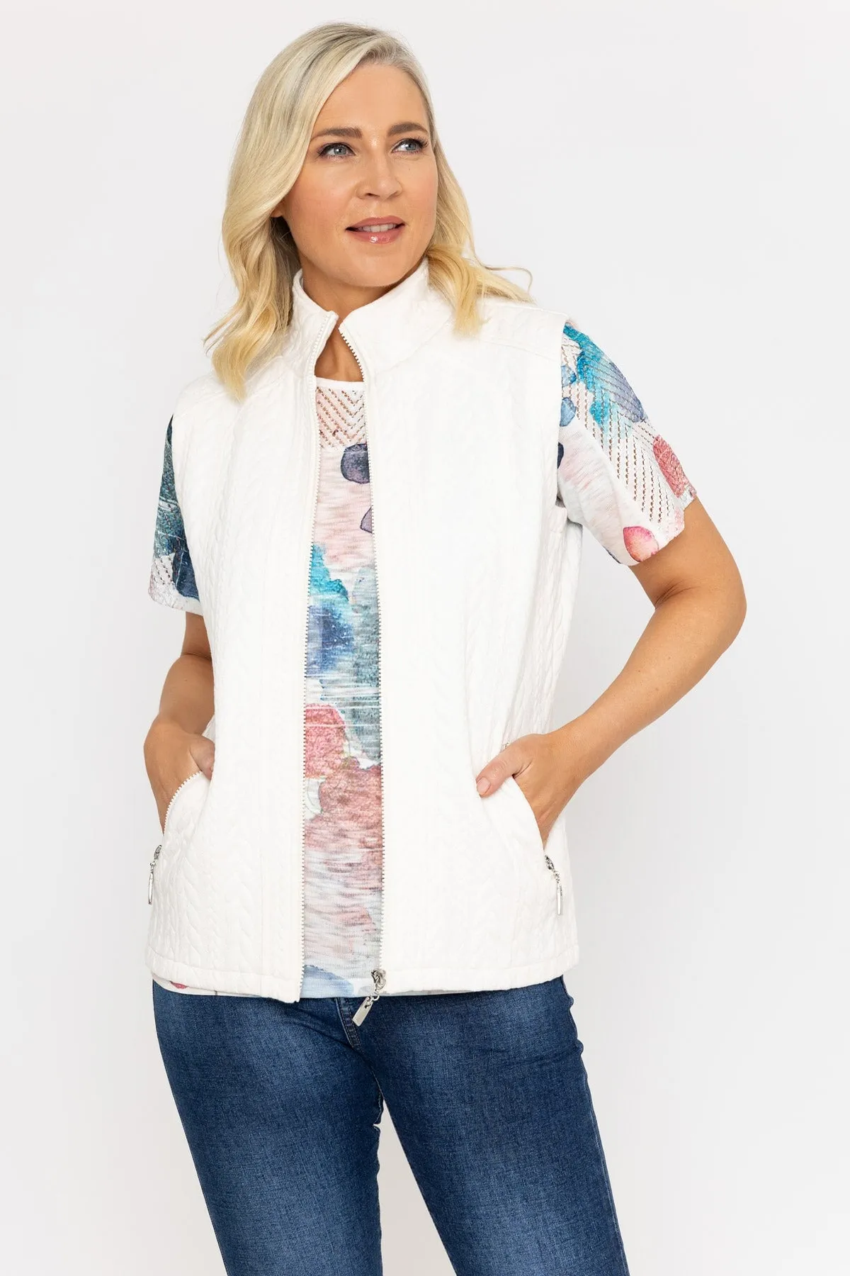 Textured Sleeveless Jersey Gilet in Ecru