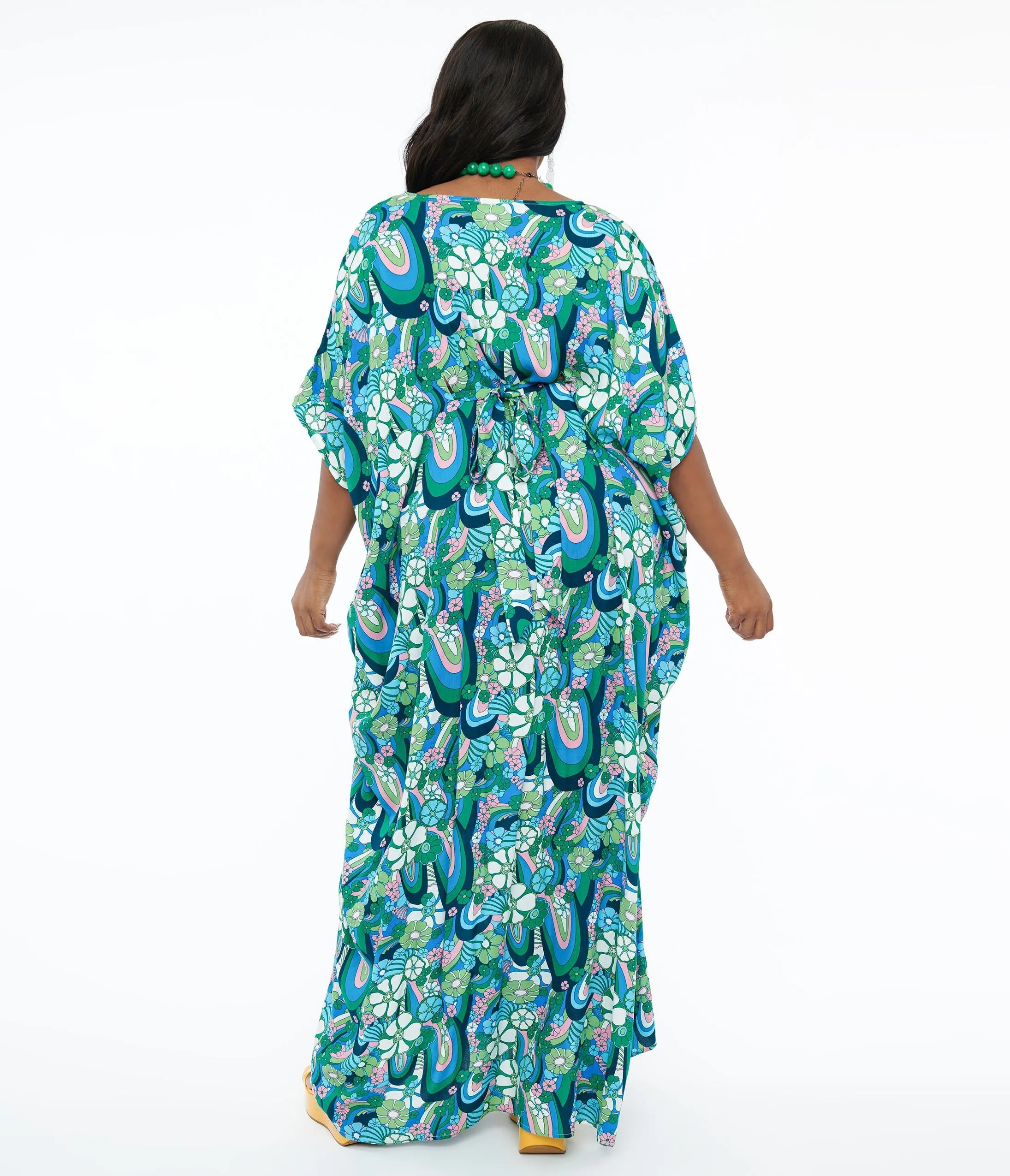 Unique Vintage 1970s Teal Psychedelic Floral Burton Caftan Dress