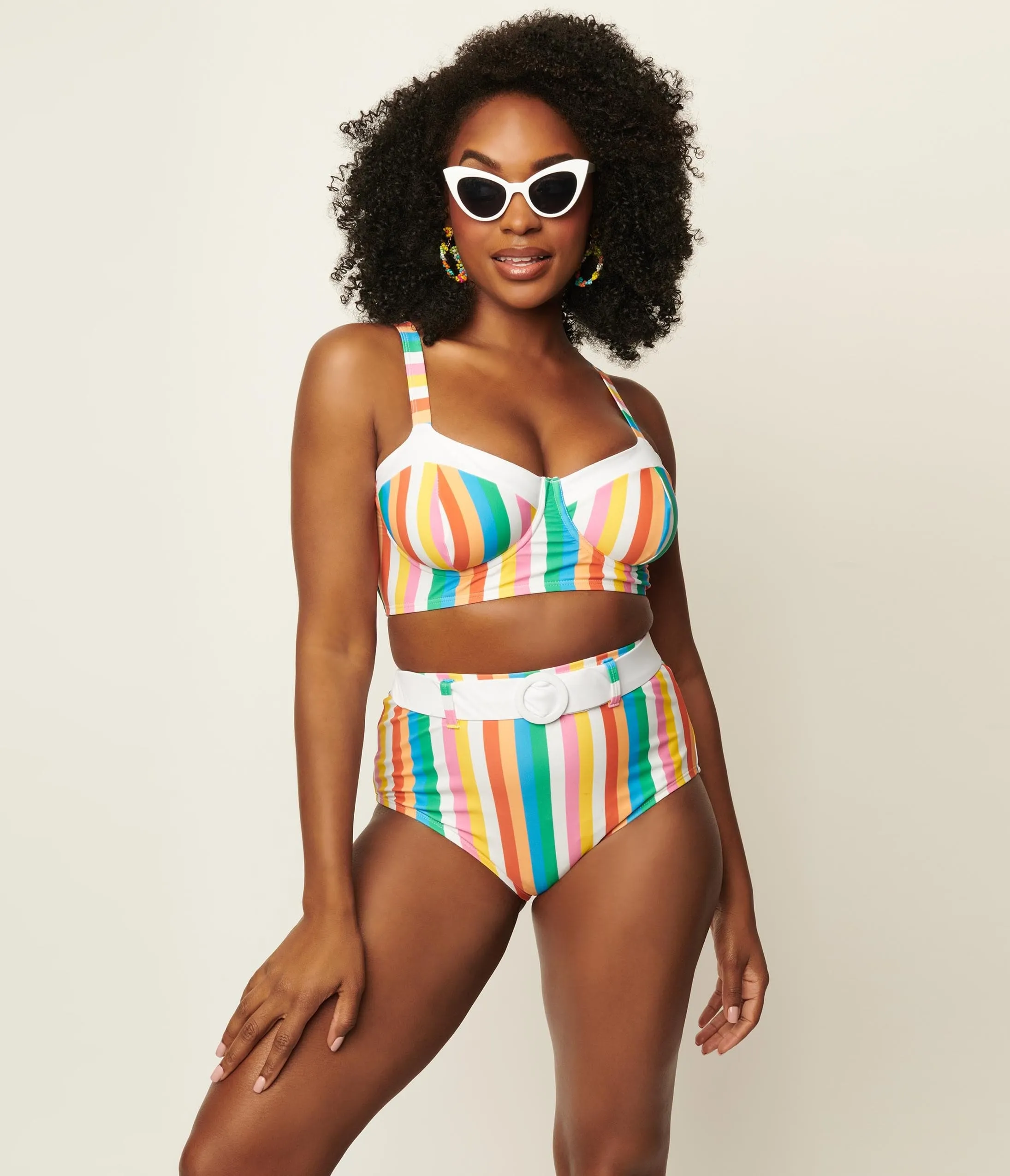 Unique Vintage Pride Rainbow Stripes Belted Redondo Swim Bottoms