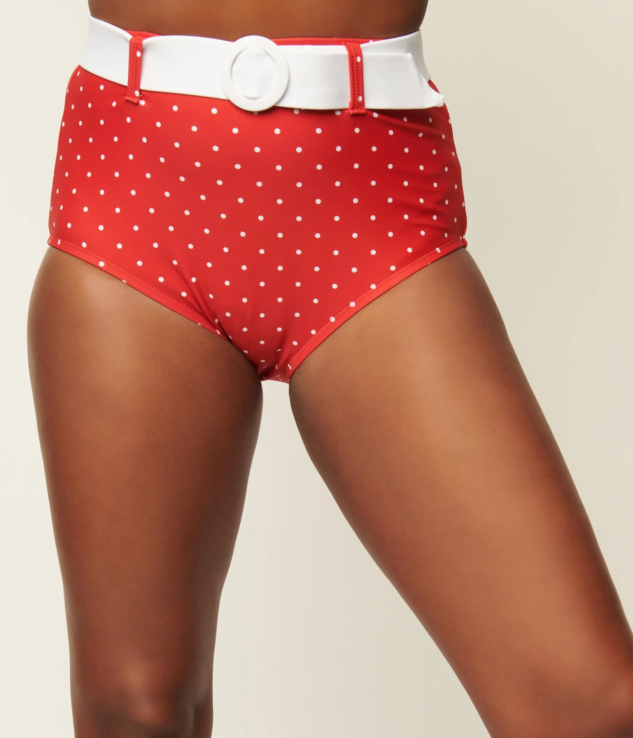 Unique Vintage Red & White Pin Dot Belted Redondo Swim Bottoms