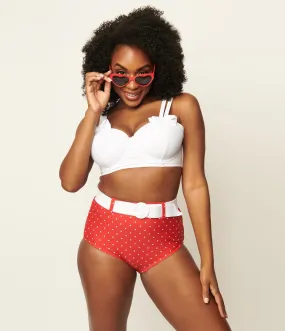 Unique Vintage Red & White Pin Dot Belted Redondo Swim Bottoms