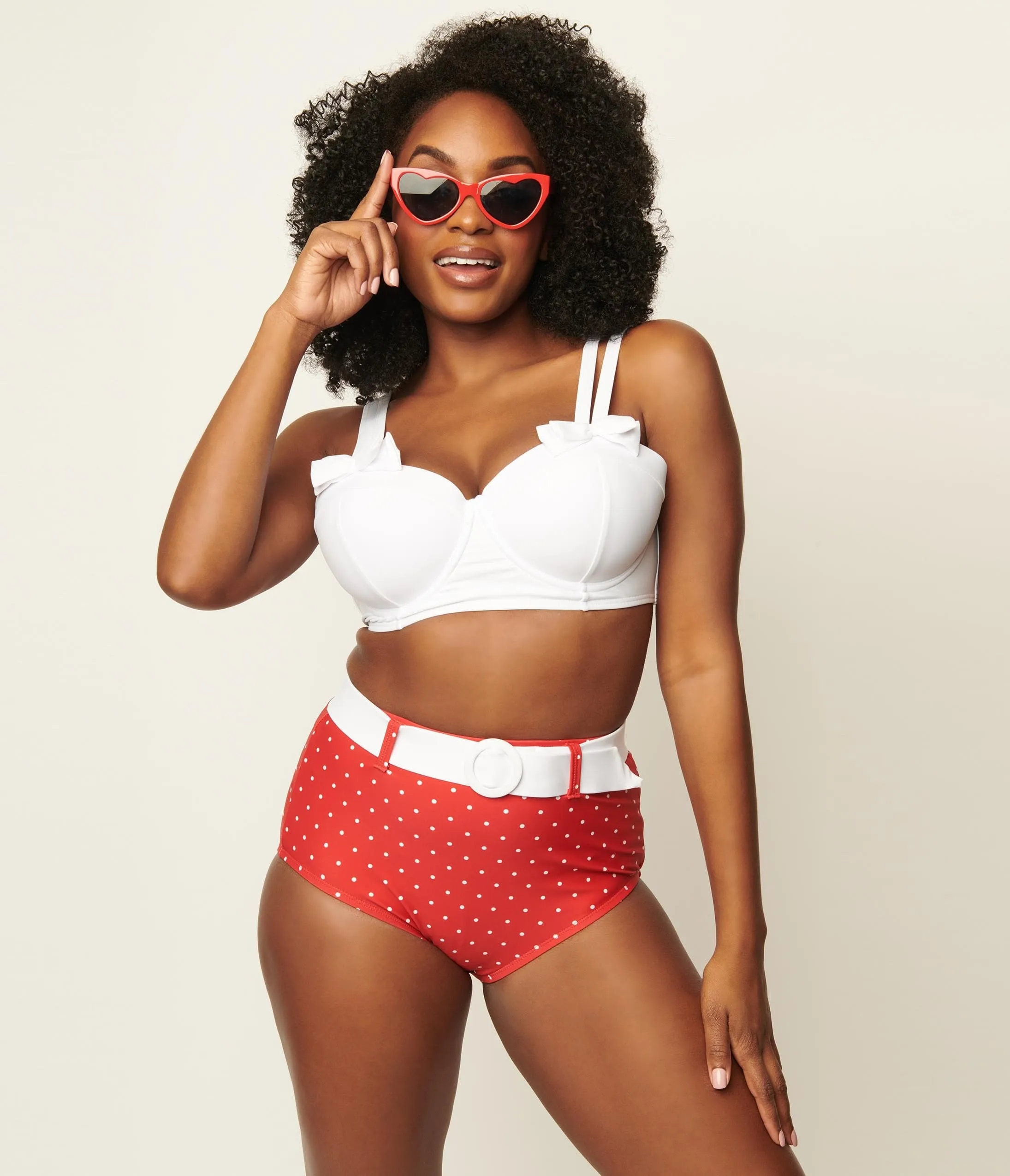 Unique Vintage Red & White Pin Dot Belted Redondo Swim Bottoms