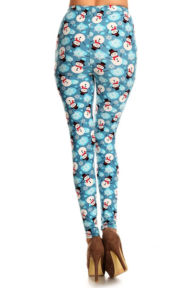 Women's PLUS Snowman & Snowflakes Printed Leggings - Christmas Gift