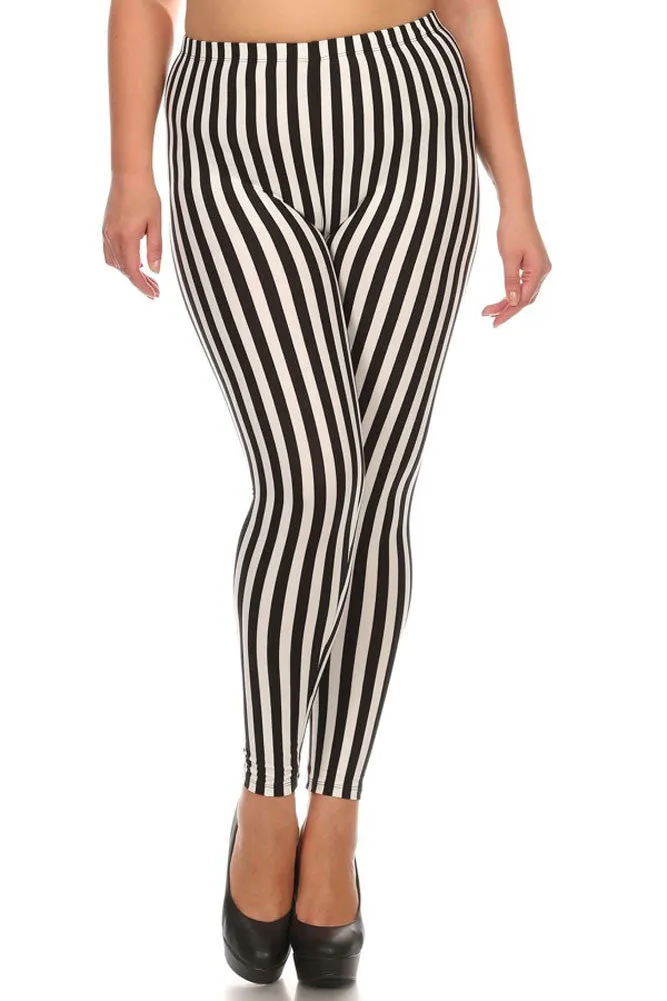 Women's Plus Vertical Striped Pattern Print Leggings - White Black