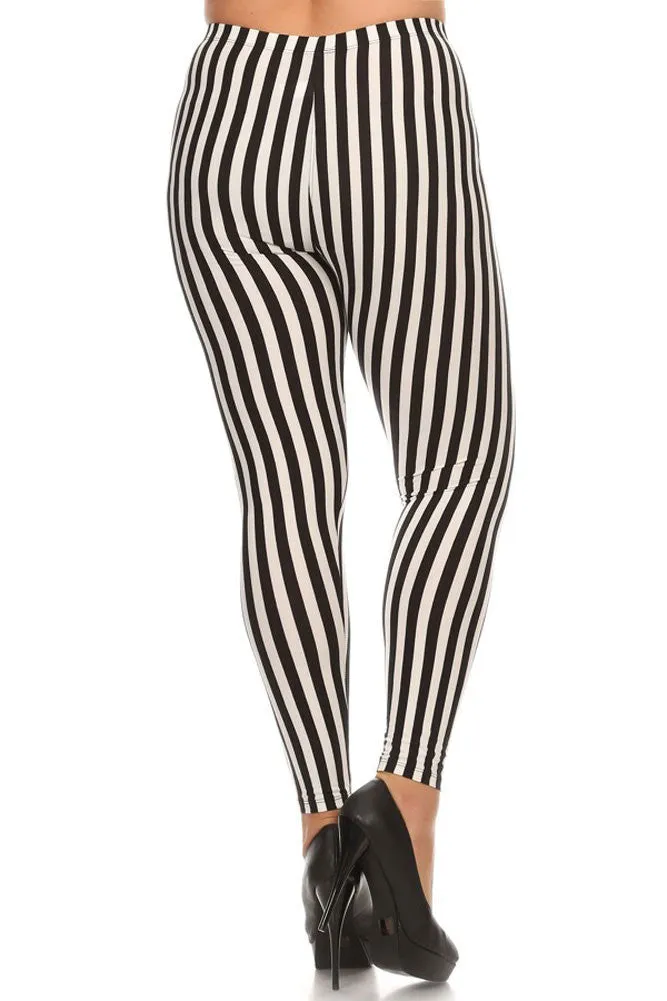 Women's Plus Vertical Striped Pattern Print Leggings - White Black