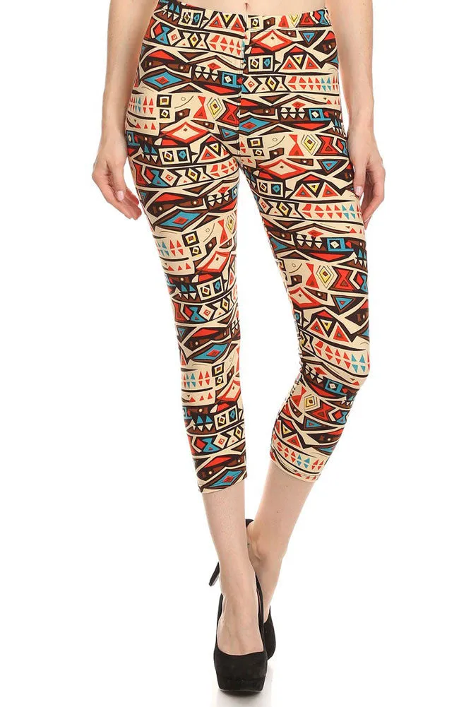 Women's Regular American Indian Vessel Pattern Print Capri Leggings - Red Blue White