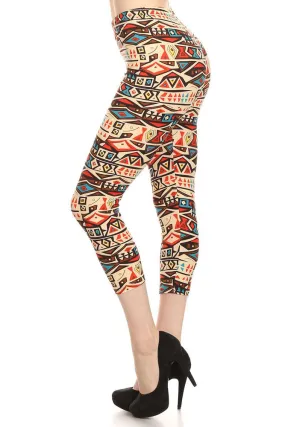 Women's Regular American Indian Vessel Pattern Print Capri Leggings - Red Blue White