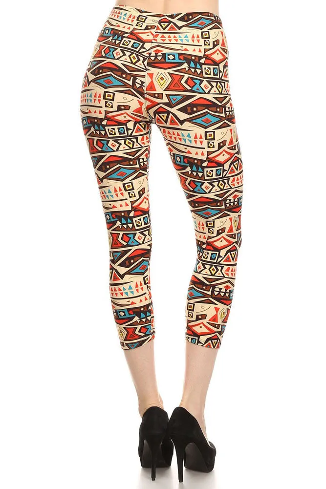 Women's Regular American Indian Vessel Pattern Print Capri Leggings - Red Blue White