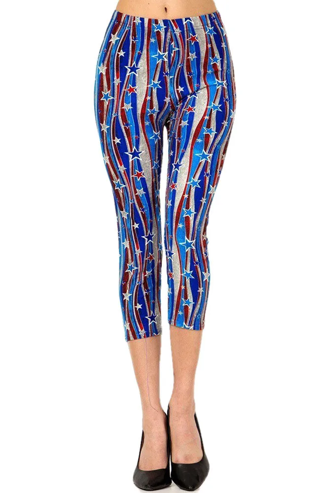 Women's Regular Flying Star 4th of July Printed Cropped Capri Leggings