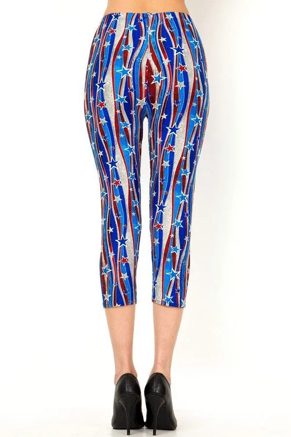 Women's Regular Flying Star 4th of July Printed Cropped Capri Leggings