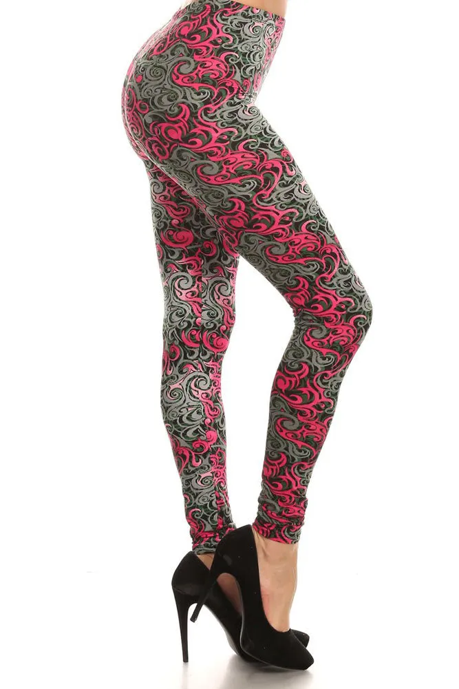 Women's Regular Ornate Flame Pattern Print Leggings - Grey Pink Green