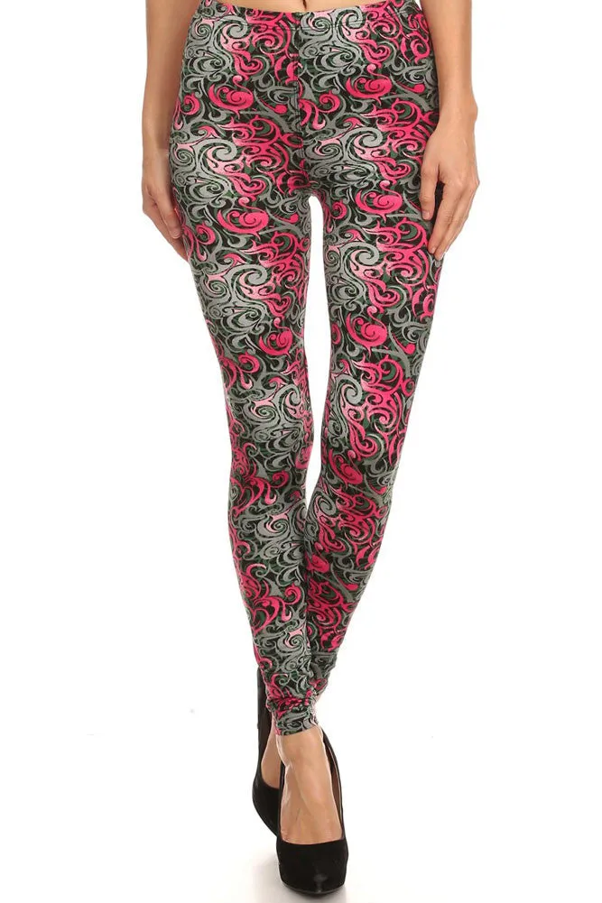 Women's Regular Ornate Flame Pattern Print Leggings - Grey Pink Green