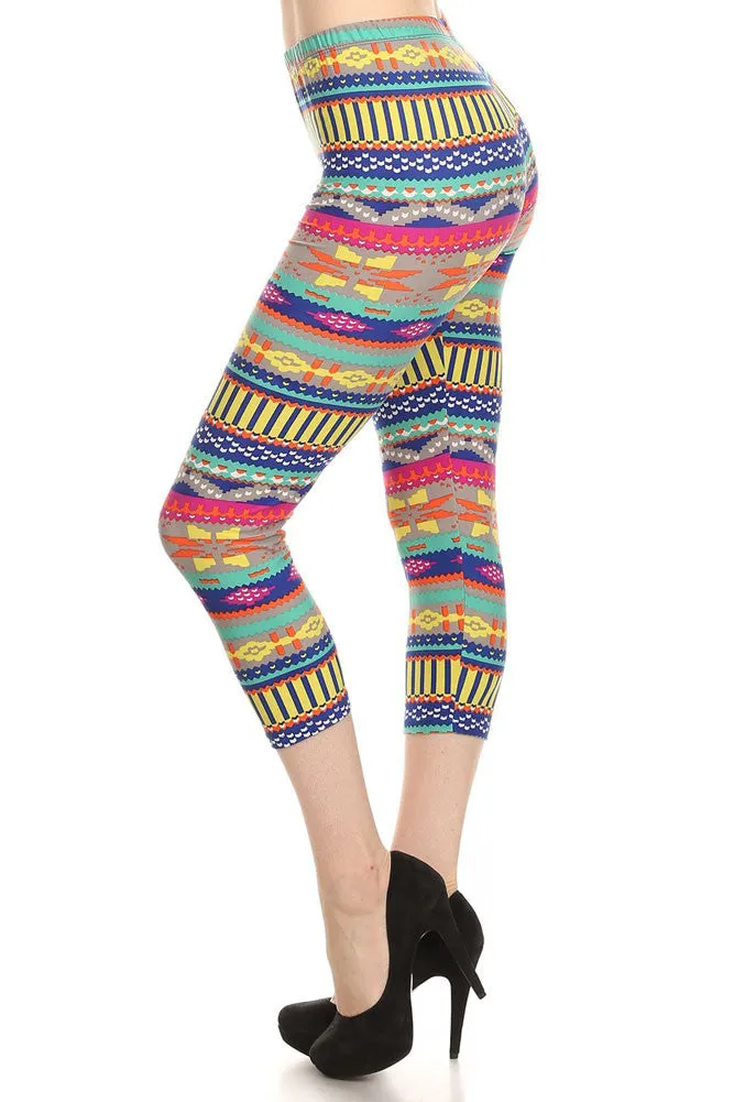 Women's Regular Southwestern Pattern Print Capri Leggings - Blue Fuchsia Grey