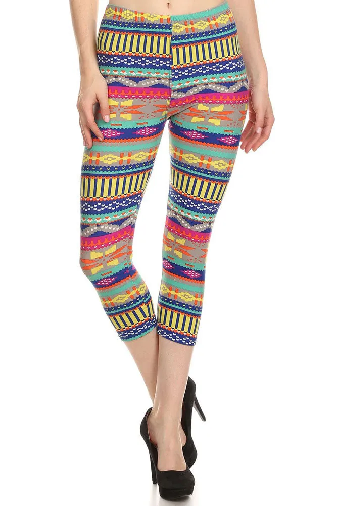 Women's Regular Southwestern Pattern Print Capri Leggings - Blue Fuchsia Grey