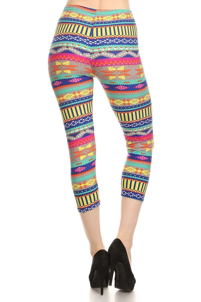 Women's Regular Southwestern Pattern Print Capri Leggings - Blue Fuchsia Grey